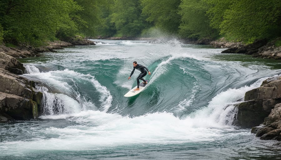 River surfer crouched mid-ride on a short board across a standing wave in a fast-moving river.