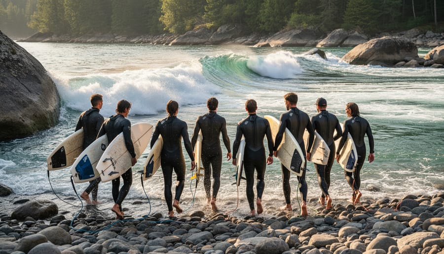 Group of river surfers in wetsuits and helmets carrying surfboards along a riverbank.