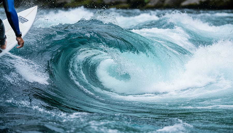 Close-up of a surfboard cutting through turbulent river water with foamy eddies swirling around it.