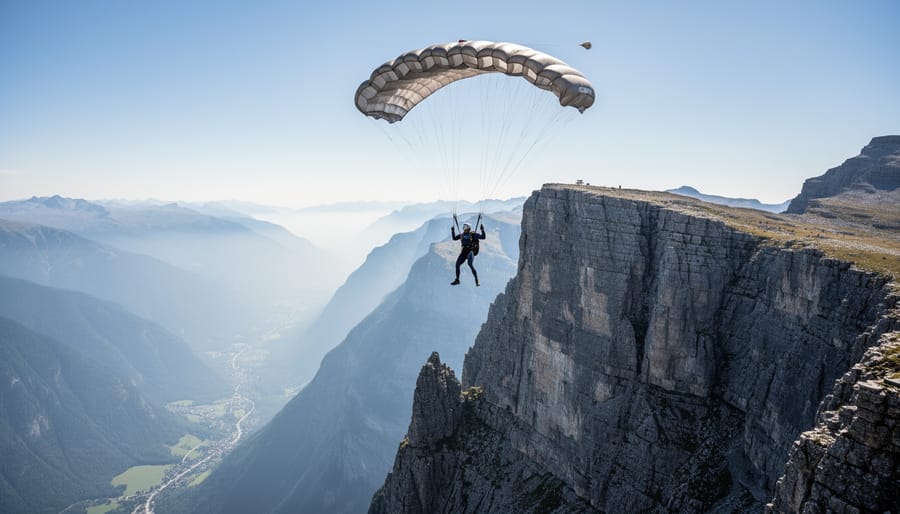 A BASE jumper gliding under an open parachute above a rugged cliff face