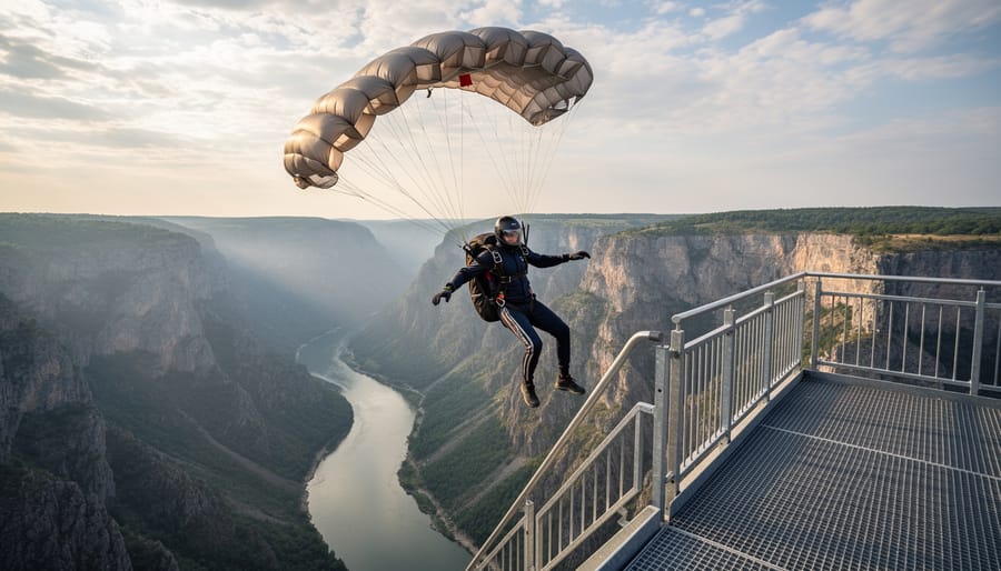 A jumper silhouette leaping from a bridge span during BASE jumping with the river far below