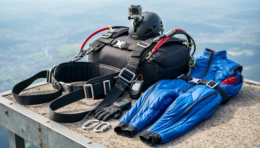 Close-up of a parachute harness and packed parachute on a launch platform near rocky terrain
