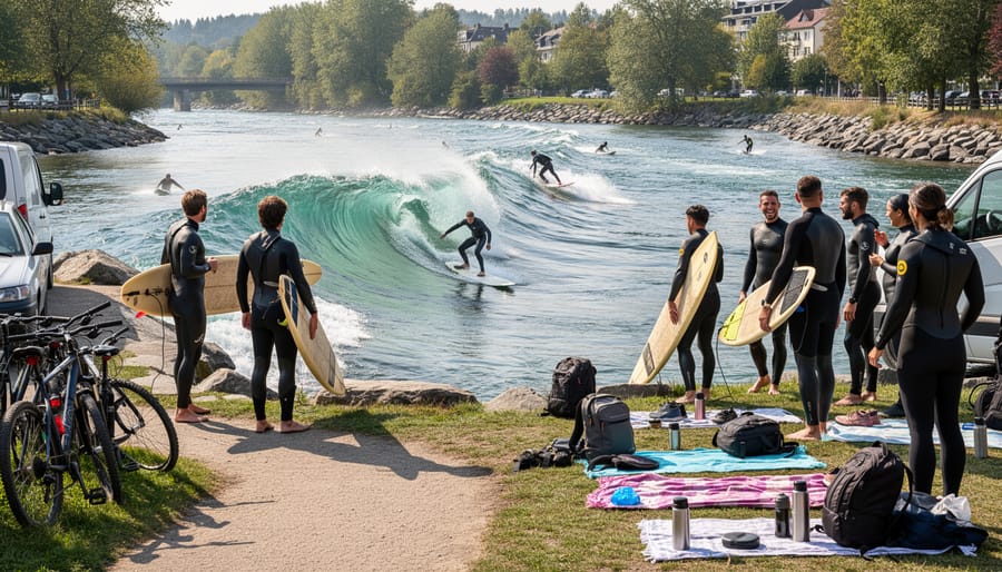 River surf community gathered at dawn on a riverbank preparing boards and talking near a wave spot.