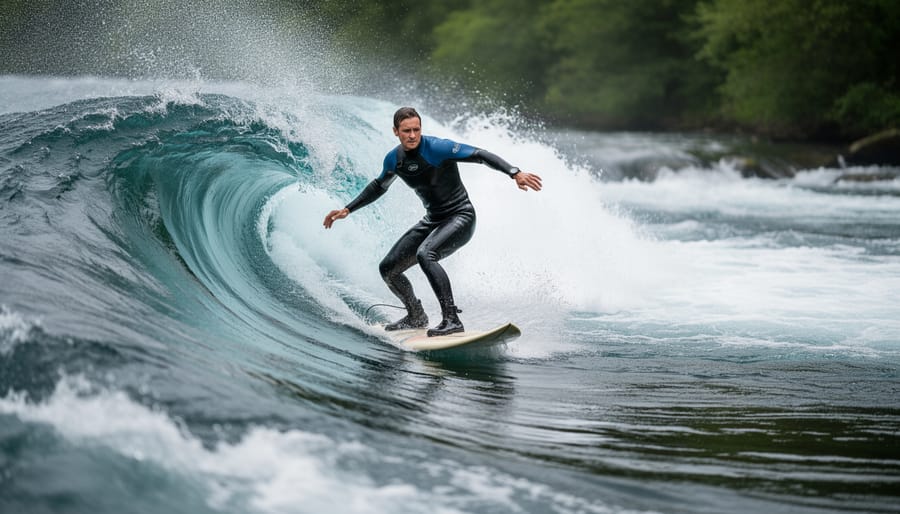 River surfer standing on a board in a standing-wave pocket with water flowing past in warm golden light.
