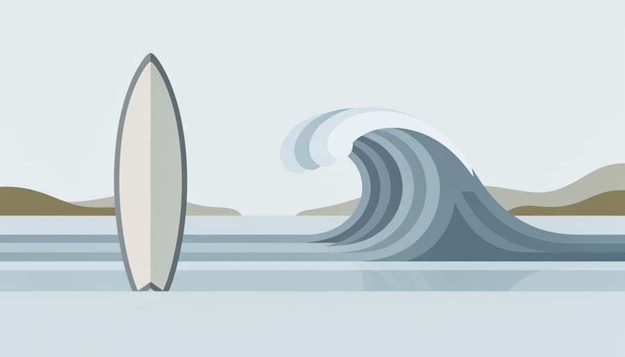 Weathered surf board resting in shallow river water beside a shimmering standing wave, with distant surfers in soft blur.