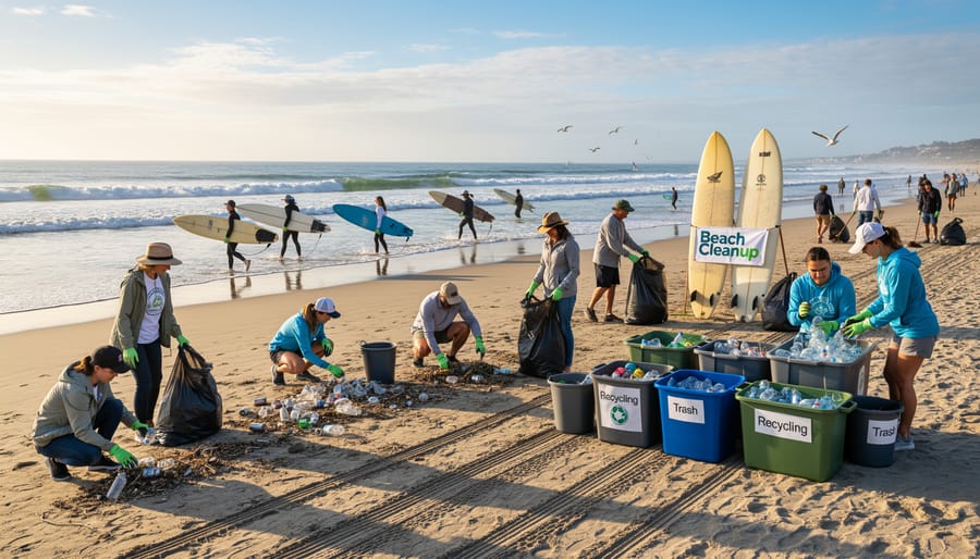 Volunteers doing a beach cleanup near surfboards during golden hour on the Huntington Beach shoreline.