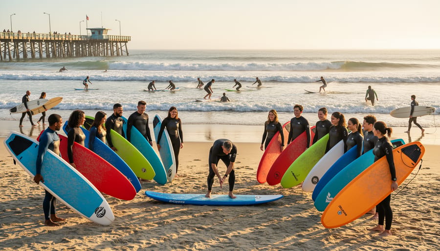 Surf instructor and beginner practicing on a surfboard at the shoreline during a learn-to-surf clinic near Huntington Beach.