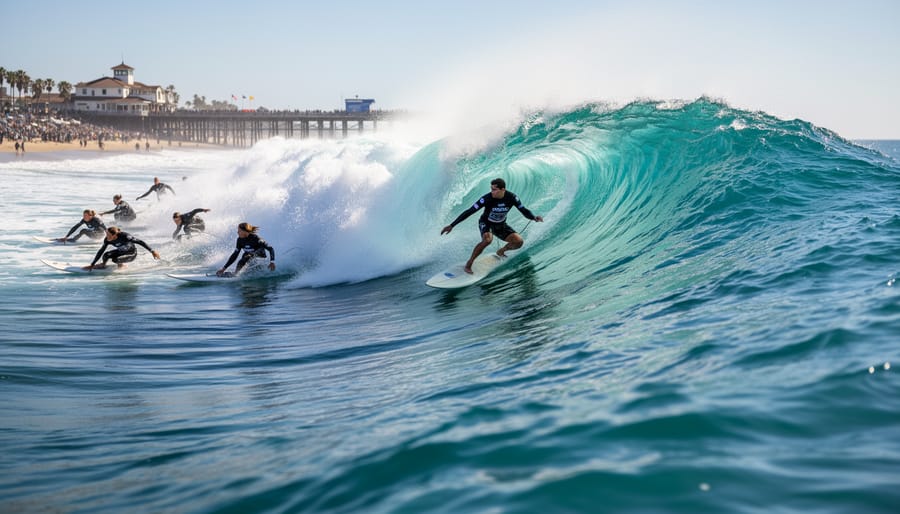 Surfer paddling into a wave near Huntington Beach Pier with spray in the foreground and spectators in the distant background.