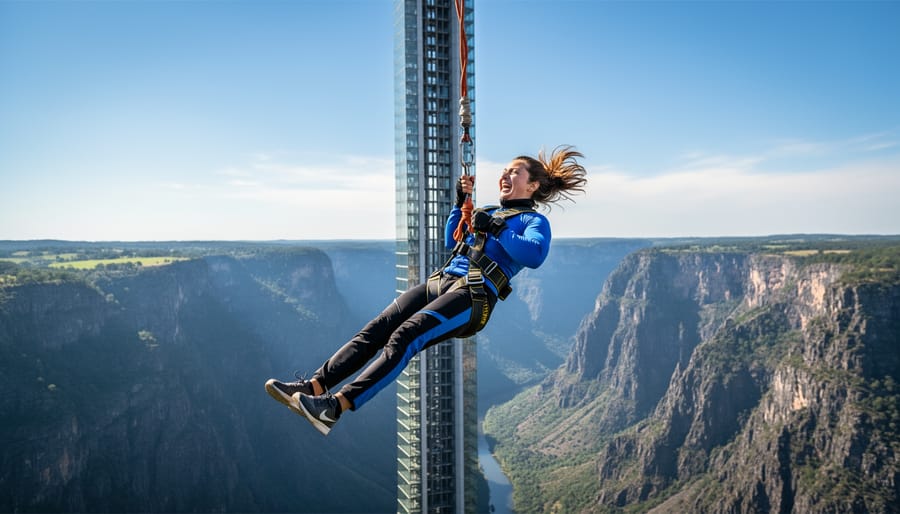 Bungee jumper suspended in mid-air above a platform with cords visible