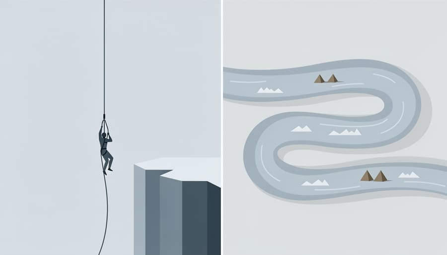 Cinematic view contrasting a bungee platform above water with a blurred river wave scene