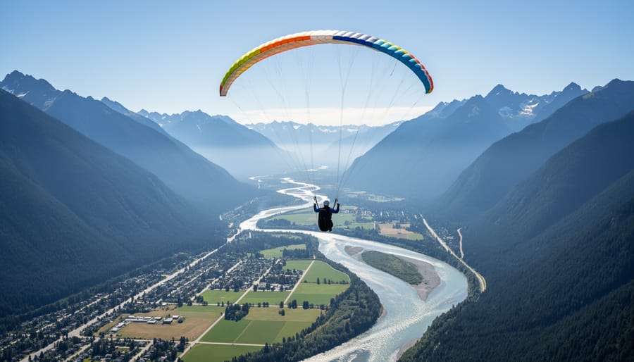 Paraglider flying over Fraser Valley terrain during golden hour