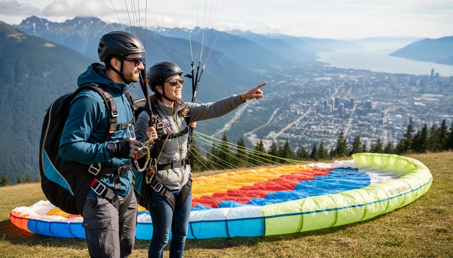 Instructor assisting a student during tandem paragliding prep at Grouse Mountain