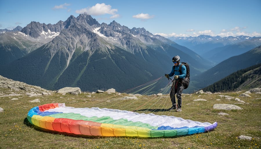 Paraglider pilot preparing near alpine terrain in the Pemberton area