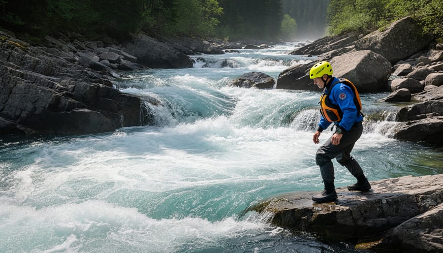 River surfer in a helmet and wetsuit bracing while navigating churning water during an emergency-style moment