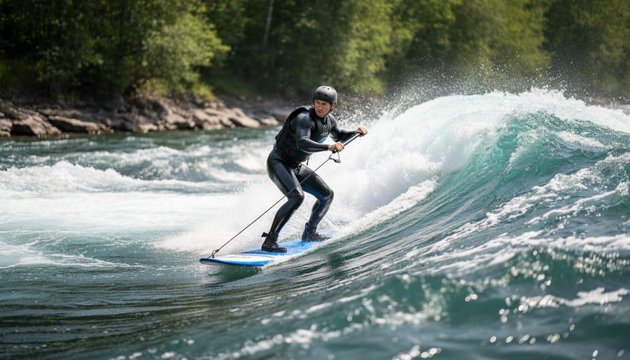 River surfer wearing a helmet and life jacket paddling toward a standing wave in a rocky river