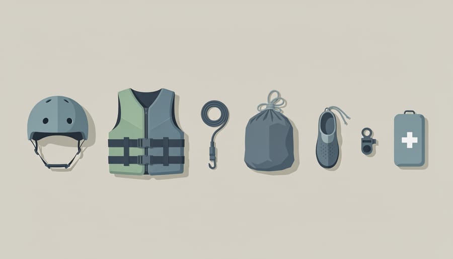 River surfing safety gear including helmet, life jacket, leash, throw bag, and wetsuit laid on a rocky riverbank