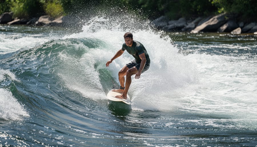 River surfer carving through churning wave water with spray
