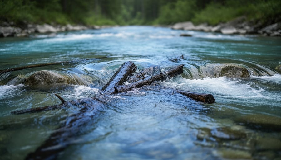 Close view of a submerged log and rock in a river with swirling turbulence around them