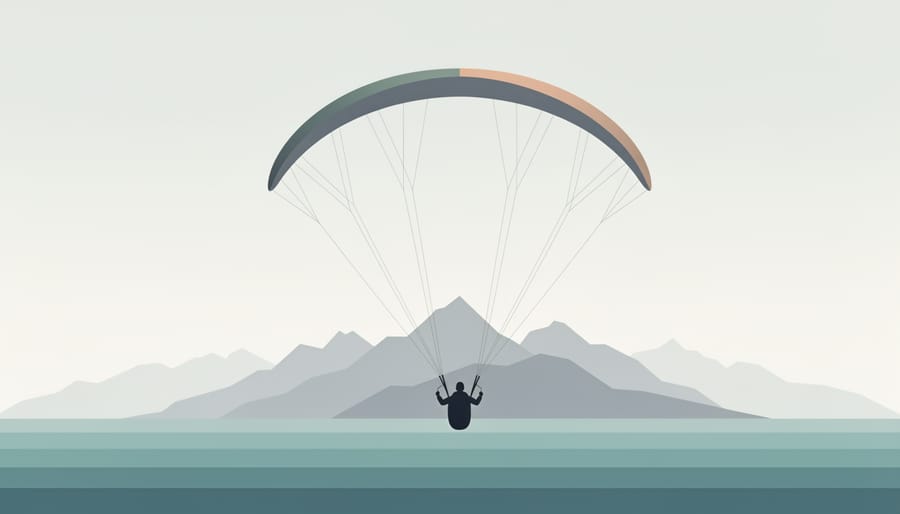 Paraglider canopy catching air with distant ocean and mountains in the background