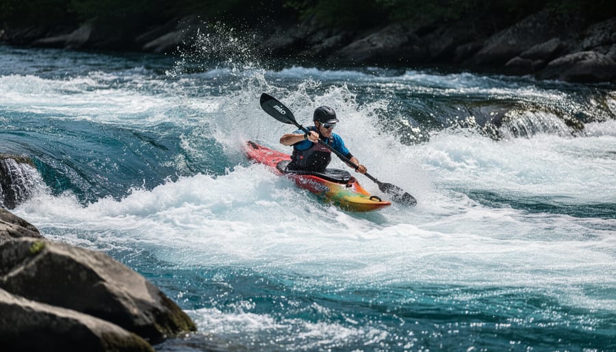 Whitewater kayaker navigating a rapid with protective gear and spray