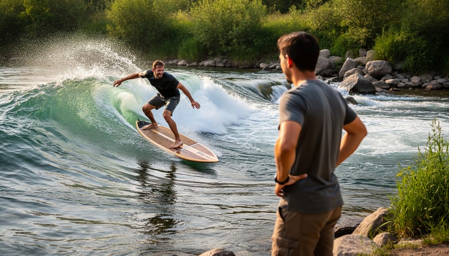 Rider on a handmade surfboard performing on a stationary river wave at golden hour