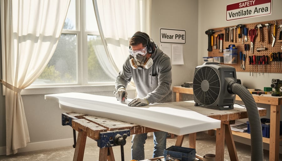 Builder sanding a foam surfboard blank while wearing respirator and gloves