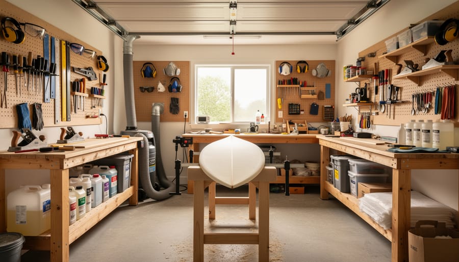 Surfboard building materials and safety gear arranged on a workbench in a workshop