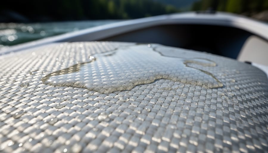 Macro close-up of fiberglass cloth being glassed onto a surfboard bottom with resin sheen
